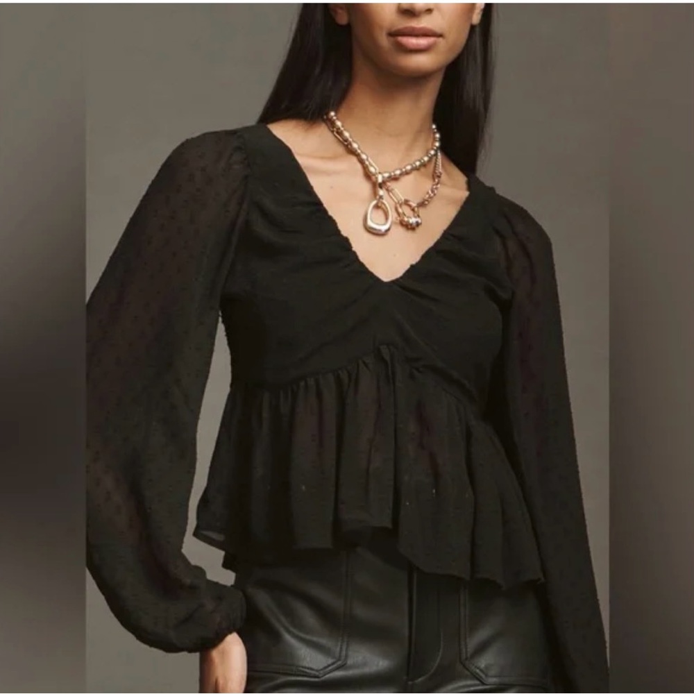 By Anthropologie Peplum Blouse Black V-Neck Top